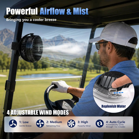 Rechargeable Magnetic Travel Fan With 12000mAh Battery And Power Bank Mode mounted in a golf cart, showcasing airflow and adjustable settings.