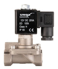Front view of Half Inch NPT Solenoid Valve 12V DC Stainless Steel AISI 316 Viton Seal Normally Closed Diesel Ready, industrial use.