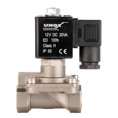 Front view of Half Inch NPT Solenoid Valve 12V DC Stainless Steel AISI 316 Viton Seal Normally Closed Diesel Ready, industrial use.