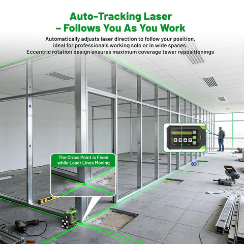 360 Degree Self Leveling Laser Level For Outdoor Projects With Auto Tracking Motorized Base shown in indoor setup