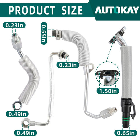 Turbo Coolant Return Hose Line Kit For GM 1.4L Turbo Oil Return Drain And Oil Feed Pipe 4 Piece Set with sizes labeled