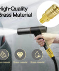 Front view of a hand-held spray gun with brass 1/4 in NPT M-style air coupler on the hose; two-pack