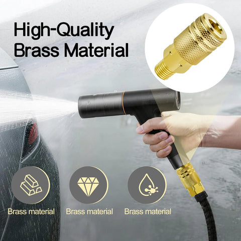 Front view of a hand-held spray gun with brass 1/4 in NPT M-style air coupler on the hose; two-pack