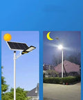 Heavy Duty Outdoor Solar Wall Light With Remote Control For Patios And Fences Dusk To Dawn LED Flood Light shown in daylight and nighttime.