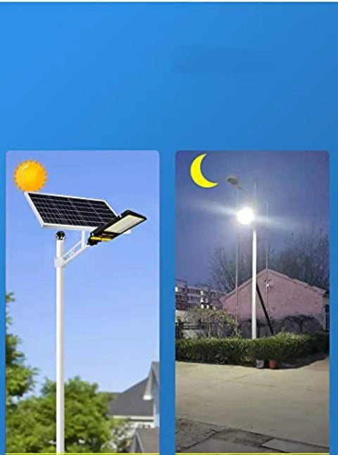Heavy Duty Outdoor Solar Wall Light With Remote Control For Patios And Fences Dusk To Dawn LED Flood Light shown in daylight and nighttime.