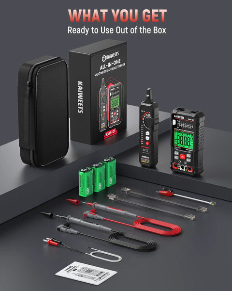 Three In One Multimeter And Cable Tracer Kit with Auto Ranging Digital Multimeter, case, and accessories displayed.
