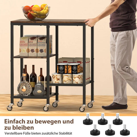 Person using Go To Rolling Kitchen Cart With Wheels 4 Tier Baker Rack Microwave Stand And Coffee Bar Table Rustic Brown