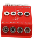 Top Shelf Aluminum Pocket Hole Jig With Badass Precision For 30 45 90 Degrees showing red heavy duty jig with multiple drilling holes.