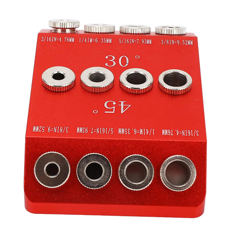 Top Shelf Aluminum Pocket Hole Jig With Badass Precision For 30 45 90 Degrees showing red heavy duty jig with multiple drilling holes.