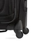 Close-up of softside black suitcase with 360 spinner wheels, part of Softside Expandable Checked Luggage For Long Trips With 360 Spinner Wheels And Retractable Handle, 29 Inch Large Black Suitcase, Airport Ready And Travel Ready, 7 To 9 Night Capacity SwissGear Built To Last.