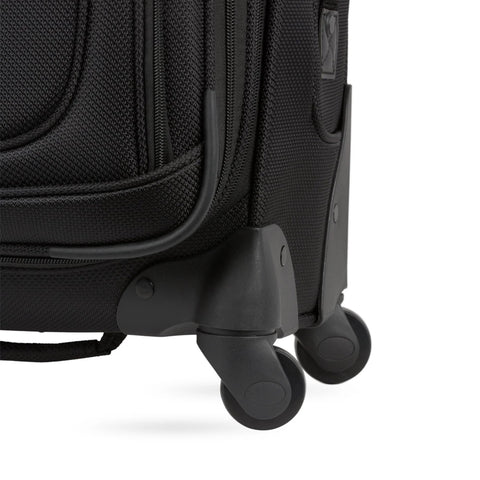 Close-up of softside black suitcase with 360 spinner wheels, part of Softside Expandable Checked Luggage For Long Trips With 360 Spinner Wheels And Retractable Handle, 29 Inch Large Black Suitcase, Airport Ready And Travel Ready, 7 To 9 Night Capacity SwissGear Built To Last.