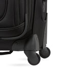 Close-up of smooth rolling wheels on Softside Expandable Spinner Luggage For Travel Durable Lightweight Carry On Suitcase 21 Inch Black
