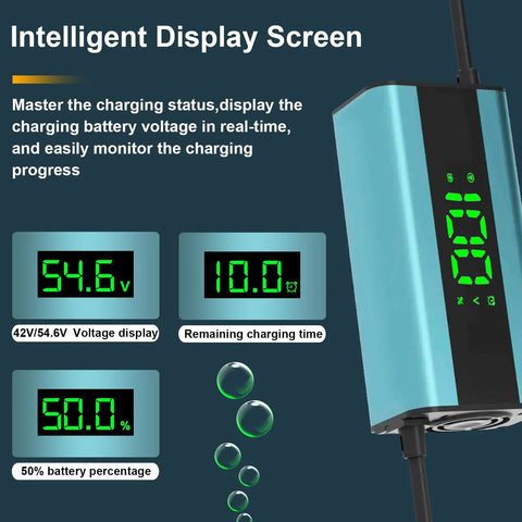 54.6V 2A Electric Scooter Charger with LED Display showing battery percentage and charging status.