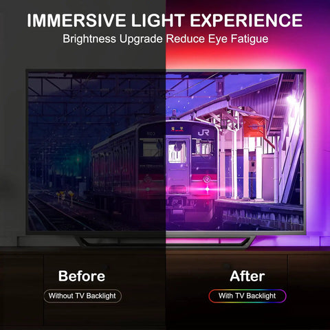 TV with immersive light experience using Epic 100Ft RGB LED Strip Lights With App Control Remote And Music Sync For Bedroom And Party Decor.