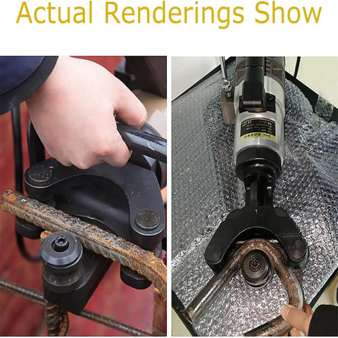 Smooth Operator 1150W Portable Hydraulic Rebar Bender showing bending process on steel rod with ergonomic handle.