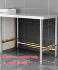 Badass Heavy Duty Stainless Steel Work Table With Open Storage Rack And Adjustable Legs Hella Durable Commercial Prep Counter Side view showing reinforced support rods for stability.