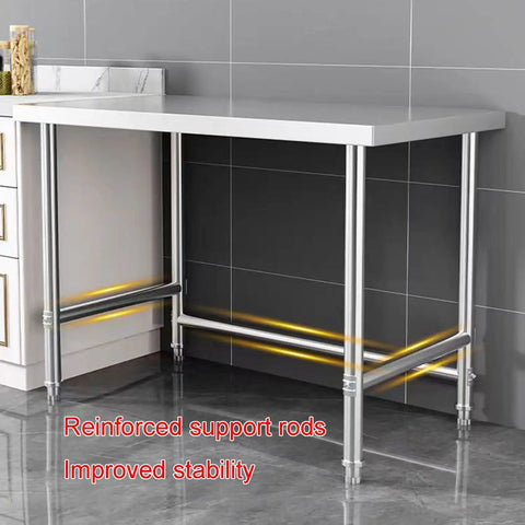 Badass Heavy Duty Stainless Steel Work Table With Open Storage Rack And Adjustable Legs Hella Durable Commercial Prep Counter Side view showing reinforced support rods for stability.