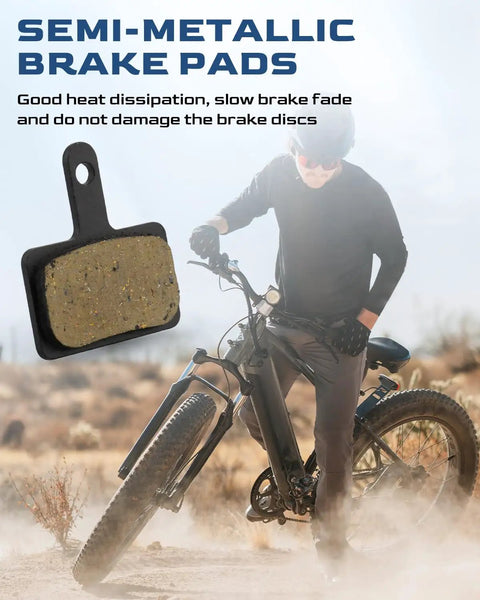 Heavy Duty Two Piece E Bike Brake Pads For Mechanical Disc Brakes Fits Lectric Xp 1.0 2.0 3.0 And Xp Lite close-up view of semi-metallic brake pad on bike.