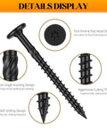 Premium Heavy Duty Deck Screws 50 Pack 14 By 8 Inch Black Epoxy Coated Fasteners With Kickin Rust Resistance For Outdoor Building and ACQ Treated Lumber Framing Jobs details display showing knurling, cutting thread, and torx head design.
