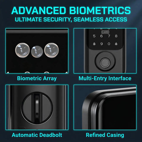 No Fuss Real Deal Top Tier Slick Palm Vein And 3D Facial Recognition Smart Lock For Keyless Entry Automatic Deadbolt With Six In One Options For Home Or Office Black Finish biometric array and refined casing close-up