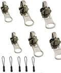 Three Size Zipper Repair Kit With Double Sided Sliders And Pulls For Jackets Luggage Backpacks And Outdoor Gear No Sew Installation Easy DIY Fix For Any Zipper No Sweat, showing six sliders and six pulls.