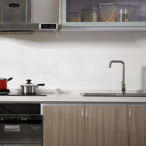 Modern kitchen featuring Brushed Brass Cabinet Pulls 25 Pack Six Inch Acrylic Drawer Handles Gold Kitchen Cabinet Hardware.