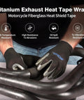 Person applying Exhaust Heat Wrap Kit 2 Inch 16 Foot High Temp Fiberglass Header Wrap to motorcycle exhaust pipes.