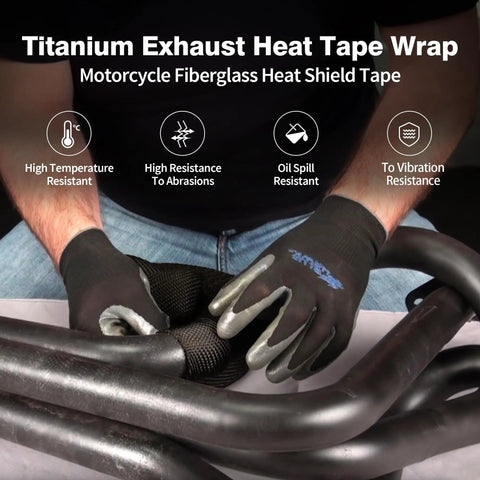 Person applying Exhaust Heat Wrap Kit 2 Inch 16 Foot High Temp Fiberglass Header Wrap to motorcycle exhaust pipes.