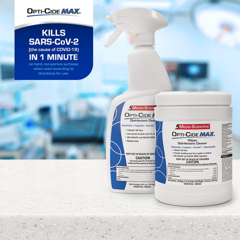 Opti Cide Max Disinfecting Wipes, 320 Count, Two Pack, Hospital Grade EPA Registered Disinfectant Cleaner visible with spray bottle