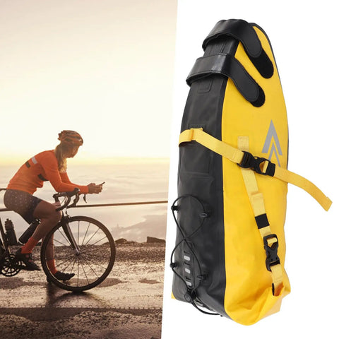 Durable 13L Bikepacking Bag For Long Rides With Large Capacity Yellow And Black Exterior Built To Last Buckles And Waterproof Material
