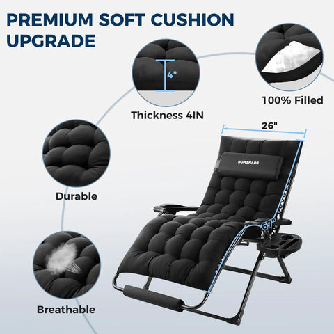 Oversized Zero Gravity Lounge Chair 33 Inch XXL Outdoor Recliner With Removable Cushion And Headrest, Thick 4in Cushion, Black