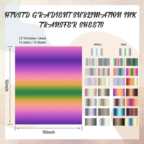Gradient Sublimation Transfer Paper Set Pro Grade 15 Sheets 12x10 Inch Ombre Pattern for Tumblers and T Shirts, vibrant design.