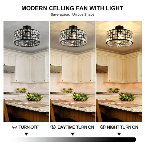 Industrial 18 Inch Ceiling Fan With Light Remote Control Black farmhouse metal cage, 3 lighting modes in kitchen setting