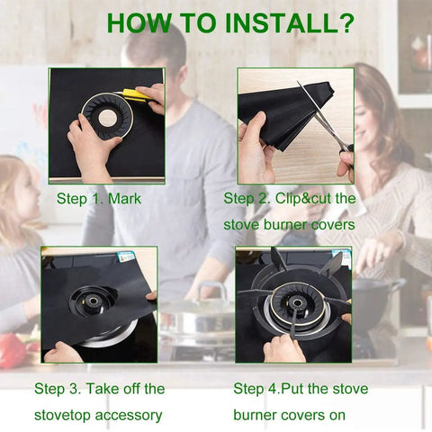 Four-step installation process for 14 Pack Stove Burner Covers Double Thickness Reusable Non Stick Heat Resistant Gas Range Protectors For Kitchen Easy To Clean Black With Brush And Peeler Keeps Mess Off Stove Surface And Makes Cleanup A Breeze.