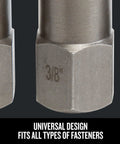Close-up of hexagonal 3/8 inch component from 6 Piece Screw Extractor Set Universal Bolt And Nut Remover Kit for Stripped Rusted Fasteners.