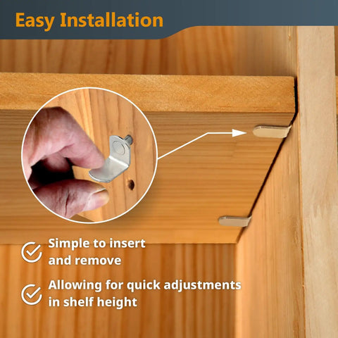 Close-up of a hand installing a nickel plated L-shaped shelf pin into a wooden cabinet, showing easy insertion method.