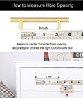 Measurement guide for Solid Brass Cabinet Pulls 5 Pack in Brushed Gold Finish Euro Style T Bar Handles with 3 Inch Hole Center on drawer.