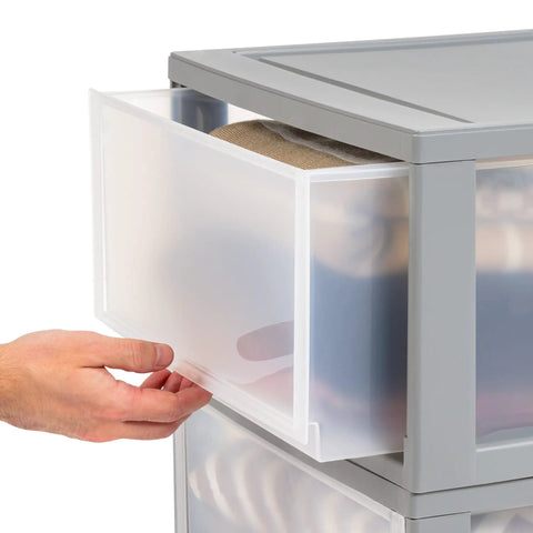 Under Bed Storage Drawers 30 Qt 2 Pack, stackable plastic organizer bin being opened, showing clear plastic design and contents inside