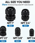 20Pcs IP68 Waterproof Nylon Cable Gland Kit NPT Adjustable Cable Connector variety shown in sizes for outdoor electrical panels
