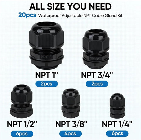 20Pcs IP68 Waterproof Nylon Cable Gland Kit NPT Adjustable Cable Connector variety shown in sizes for outdoor electrical panels