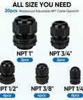 IP68 Waterproof Cable Gland Kit 20 Pcs Nylon NPT Adjustable Connectors various sizes for outdoor use
