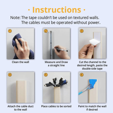 Instructions for installing Wall Cord Cover Kit For TV Setup, showing cleaning, measuring, cutting, attaching, and painting.