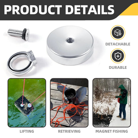 Front view: 60 mm neodymium fishing magnet kit with chrome round magnet, screw, and eye ring for lifting and magnet fishing.