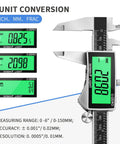 Rechargeable Digital Caliper With USB Type C, Large Backlit LCD Display, 6 Inch Stainless Steel Vernier Caliper, showing inch, mm, and fraction conversion