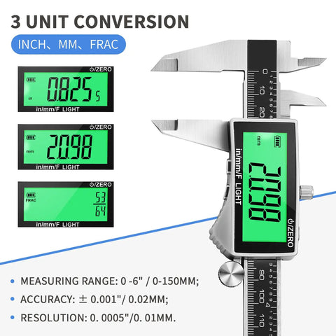 Rechargeable Digital Caliper With USB Type C, Large Backlit LCD Display, 6 Inch Stainless Steel Vernier Caliper, showing inch, mm, and fraction conversion