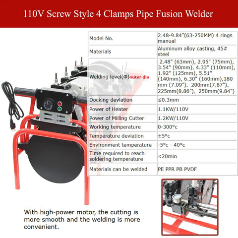 Four Clamp Pipe Fusion Welder Hand Crank Butt Fusion Welding Machine 110V showing machine details and specifications