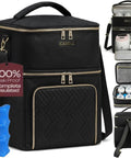 Grab And Go Breast Pump Travel Bag With Ice Pack Insulated Double Layer Leak Proof Milk Cooler Tote Fits Spectra S1 S2 And Standard Pumps Black side view with ice pack and zippered compartments.