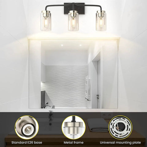 Lit Modern Bathroom Vanity Light Fixture In Matte Black, 3 Light Wall Lamp With Clear Glass Shades, above bathroom mirror