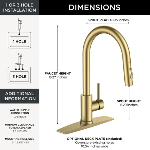 FORIOUS Gold Touch Kitchen Faucet with Pull Down Sprayer, Single Hole dimensions and installation guide.