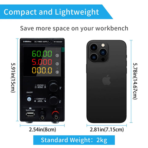 High Precision Variable Power Supply 60V 5A 300W Bench Regulated Unit With 4 Digit LED Display USB compared to smartphone size
